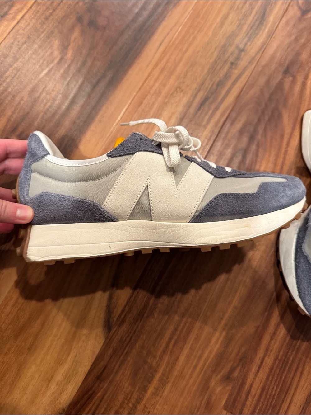 New Balance Gray & Cream Suede Runner with Yellow Tongue